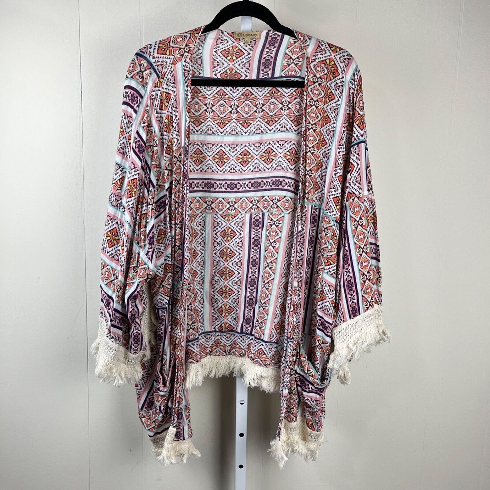 Democracy‎ Kimono Topper Cardigan Womens XL Geometric Southwestern Print Fringed